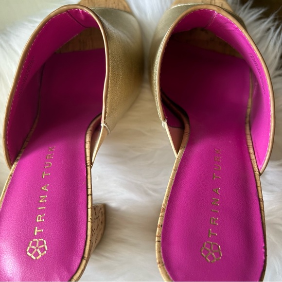 Trina Turk Gold Metallic Leather Cork Heel Mule Sandal Pink Sole - Picture 6 of 9